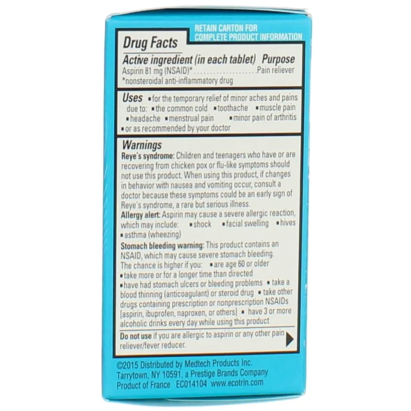 Low Strength 81 mg, 150 tablets, pack of 3, the Drug Facts panel and pack views