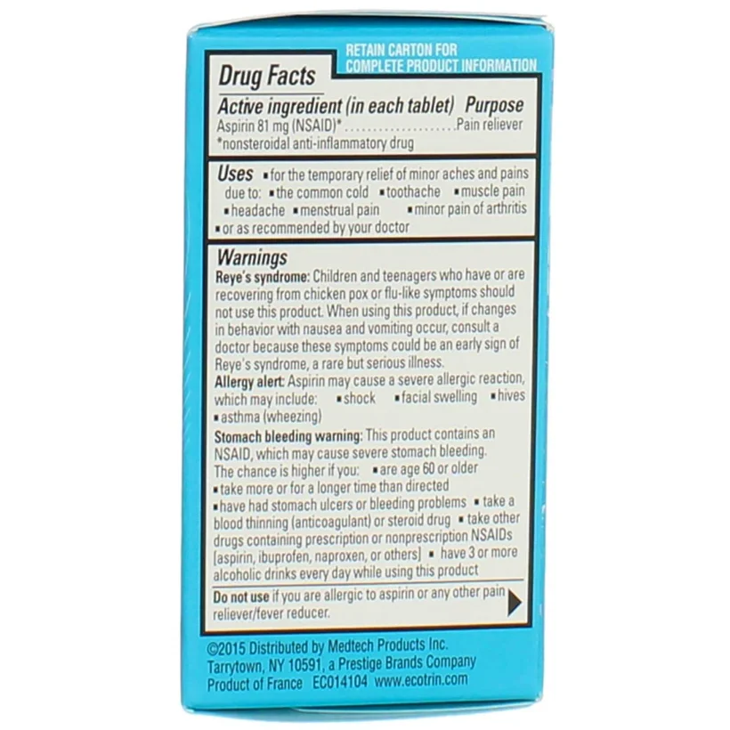 Low Strength 81 mg, 150 tablets, pack of 4, the Drug Facts panel and pack views