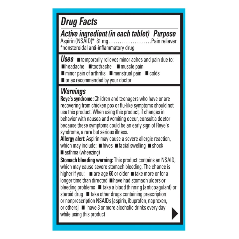 Low Strength 81 mg, 45 tablets, pack of 3, the Drug Facts panel and pack views