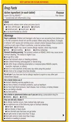 Regular Strength 325 mg, 300 tablets, pack of 2, the Drug Facts panel and pack views