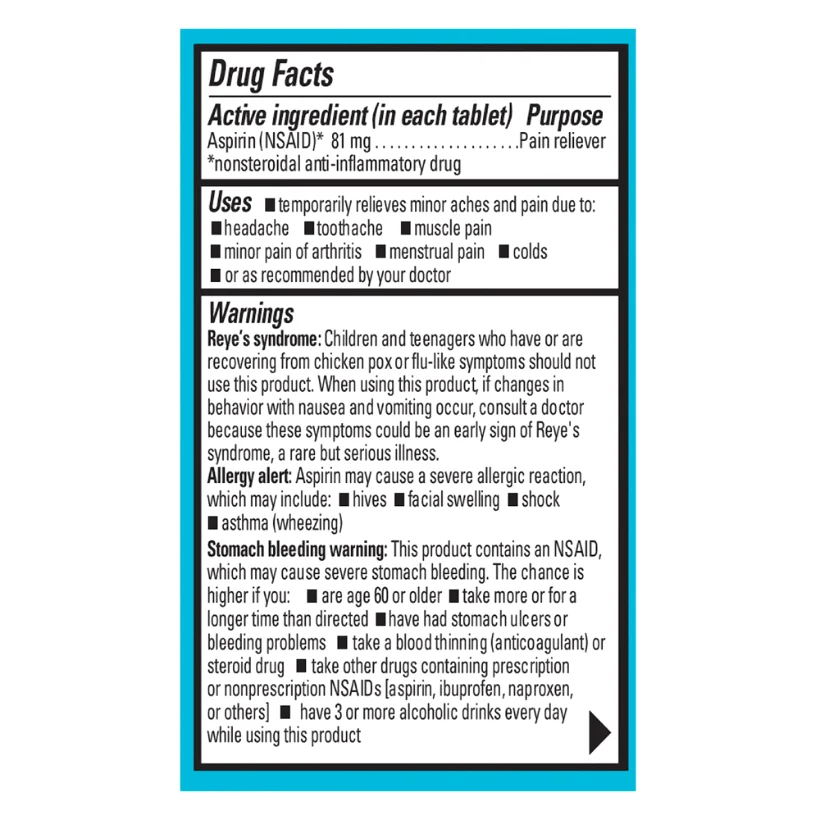 Low Strength 81 mg, 45 tablets, pack of 2, the Drug Facts panel and pack views